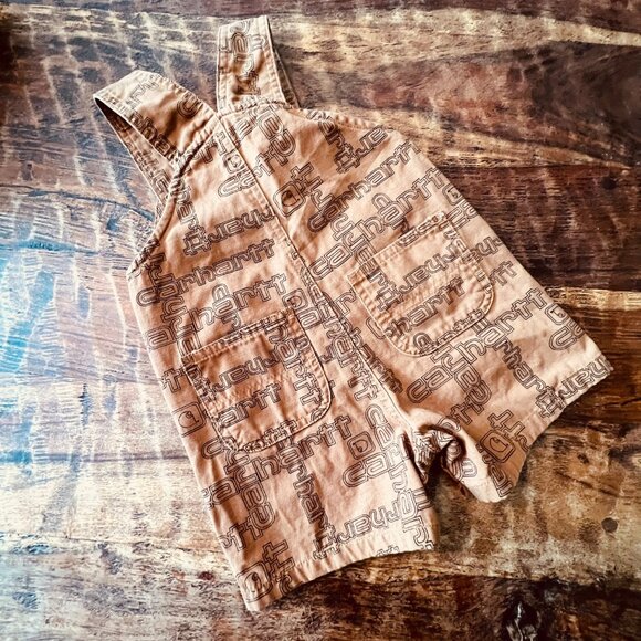 Carhartt Baby Overalls 18M Brown Allover Logo Print Durable All Cotton - Picture 8 of 11